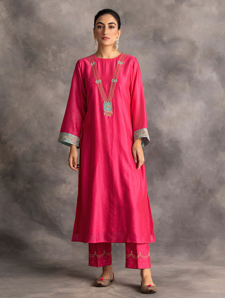 Buy Fuchsia Pink Hand Embroidered Silk Chanderi Kurta Online at Jaypore.com