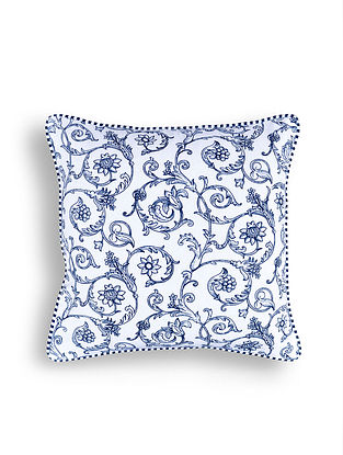 Blue and White Cotton Screen Printed Cushion cover (L- 16in, W- 16in)