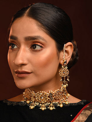 Gold Tone Kundan Necklace And Earrings With Ear chains