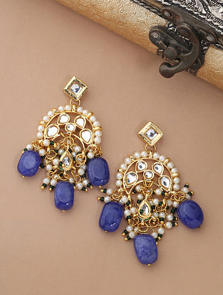 Blue Gold Tone Kundan Earrings With Pearls
