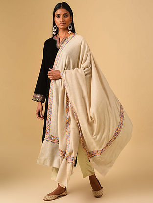 Beige Sozni Embroidered Pashmina Shawl