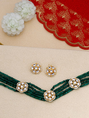 Green Gold Tone Kundan Beaded Choker Necklace With Earrings