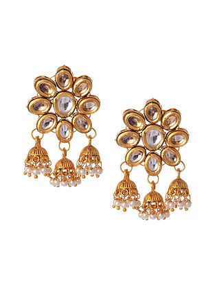 Gold Tone Kundan Jhumki Earrings With Pearls