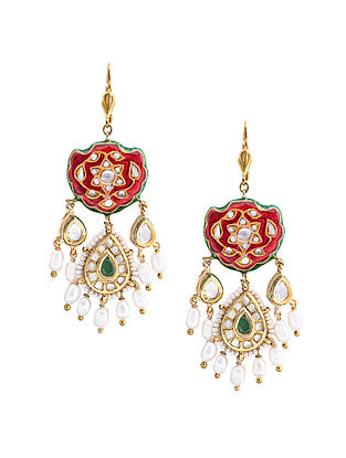 Red Gold Tone Kundan Enameled Earrings with pearls