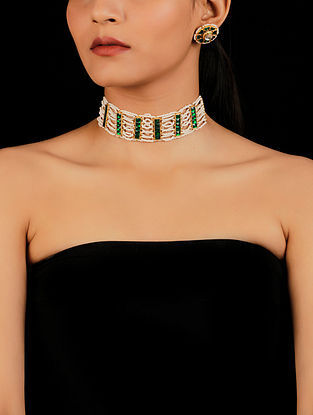Green Gold Tone Beaded Choker Necklace And Earrings With Pearls