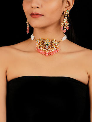 Pink Gold Tone Beaded Kundan Necklace With Earrings