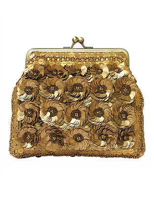 Gold Handcrafted Sequined Silk Clutch