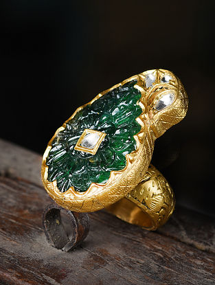 Gold Polki Ring with Emerald (Size: 16)