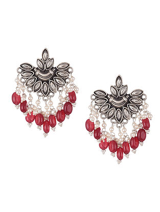 Red Tribal Silver Earrings With Pearls
