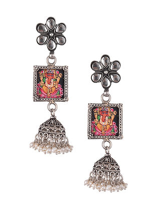 Multicoloured Tribal Silver Earrings With Pearls