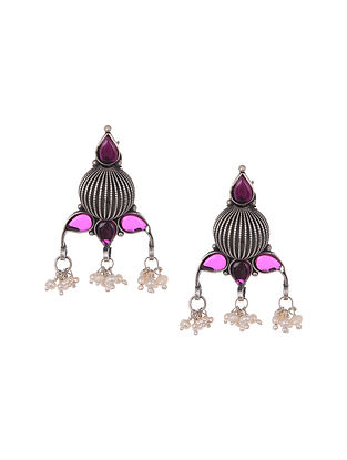 Pink Tribal Silver Earrings with Pearls