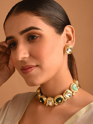 Green Gold Tone Kundan Necklace With Earrings