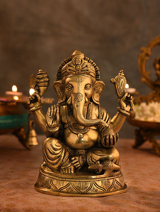 Brass Ganesha Idol (L- 4.5in, W-6.2in, H-7.6in)