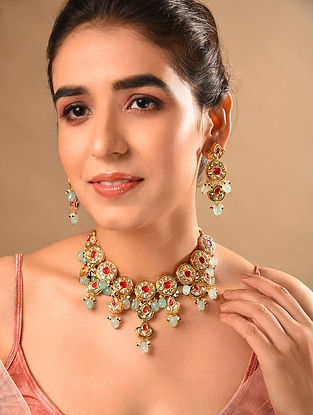 Red Blue Gold Tone Kundan Necklace With Earrings