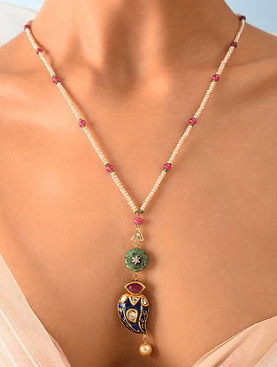 Gold Polki Emerald Necklace With Ruby And Natural Pearls