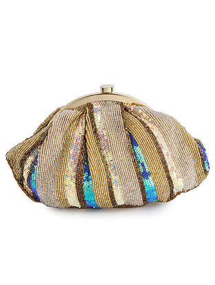 Gold Blue Handcrafted Sequinned Silk Clutch