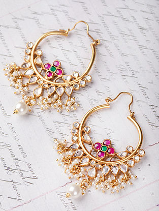 Pink Green Gold Tone Cystal Kundan Earrings with Pearls