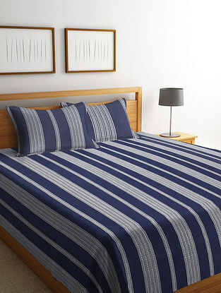 White and Blue Striped Handwoven Cotton King Size Bedcover with Pillow Covers (Set of 3)