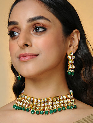Green Gold Tone Kundan Choker Necklace With Earrings