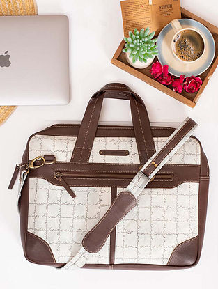 White Handcrafted Cotton Canvas Leather Laptop Bag