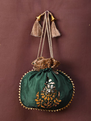 Emerald Green Handcrafted Mukaish Silk Potli