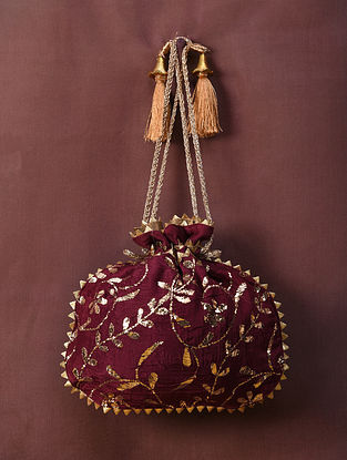 Maroon Handcrafted Mukaish Silk Potli