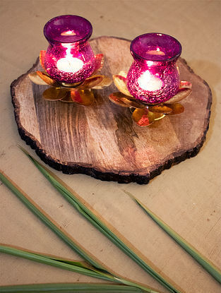 Purple and Gold Crackled Glass Lotus Hurricane (Set Of 2)