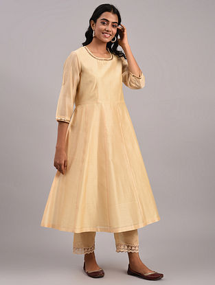 Beige Hand Embroidered Chanderi Kurta with Lace Detailing