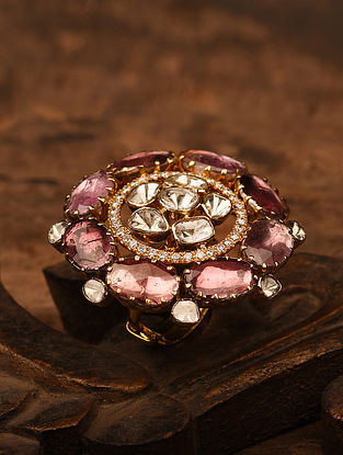 Pink Gold Polki Adjustable Ring with Multi Tourmaline