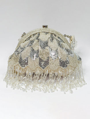 Silver Handcrafted Beaded Suede Clutch