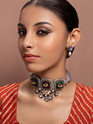 Green Red Silver Tone Kundan Necklace With Earrings