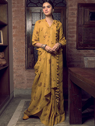 Yellow Block Printed Linen Saree