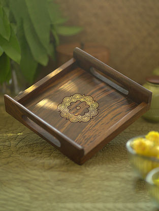 Golden Mandala Square Wooden Tray (Dia-8in ,H- 1.75in)