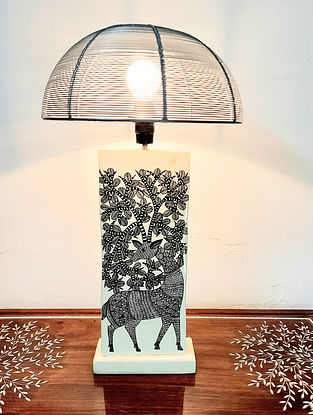 White and Black Teak Wood Handcrafted Gond Art Lamp with Metal Shade