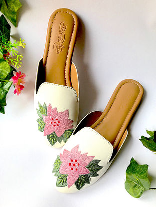 White Embroidered Faux Leather Mules