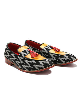 Black White Handcrafted Ikat Genuine Leather Shoes for Men
