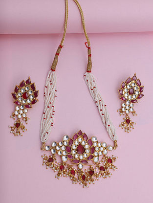 Pink White Gold Tone Kundan Necklace With Earrings