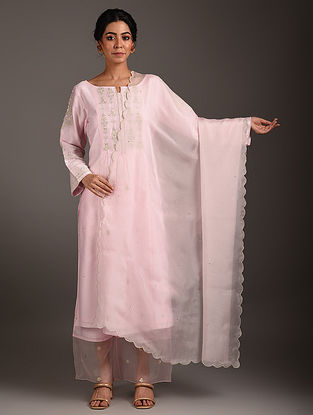 Light Pink Embroidered Scalloped Organza Dupatta with Cheeta Work