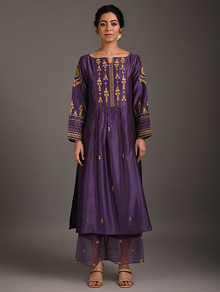Purple Embroidered Chanderi Silk Kurta with Pants (Set of 2)