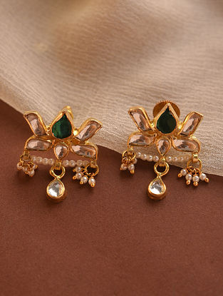 Green Gold Plated Silver Earrings With Glass Onyx And Pearls 