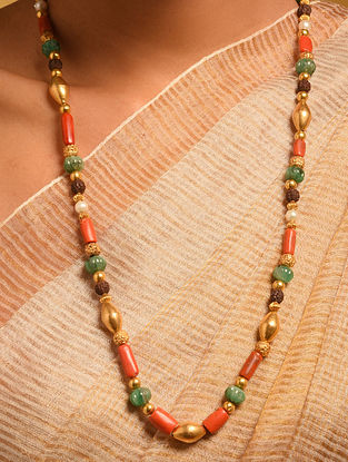 Multicolour Gold Polki Necklace With Coral Emerald And Pearls