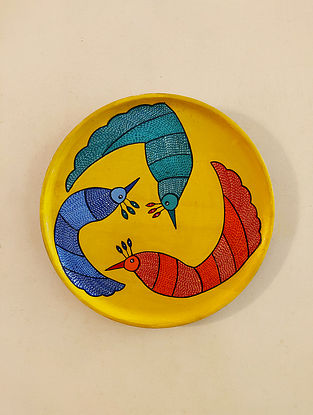 Yellow Hand Painted Gond Wood Wall Plate (Dia- 10in)
