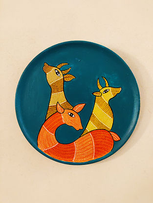Teal Hand Painted Gond Wood Wall Plate (Dia- 10in)