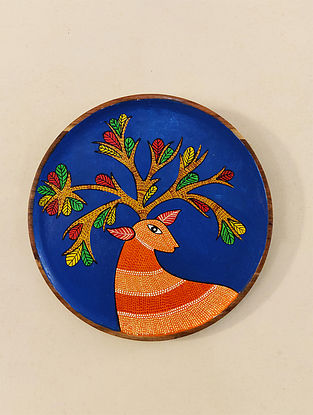 Blue Hand Painted Gond Wood Wall Plate (Dia- 10in)