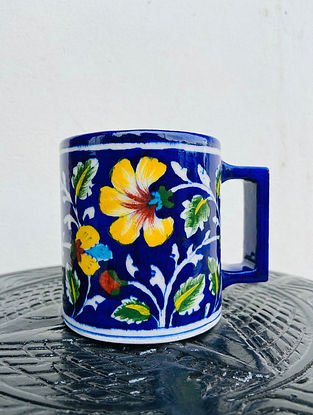Dark Blue Floral Pottery Coffee Mug (D-5.5in,H-4in)