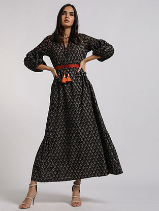 Sana' Charcoal Black Foil Mirror Embroidered Cotton Dress with Chanderi Belt 