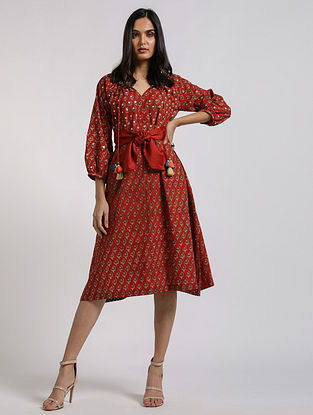 Rima' Red Foil Mirror Embroidered Cotton Dress with Chanderi Belt 