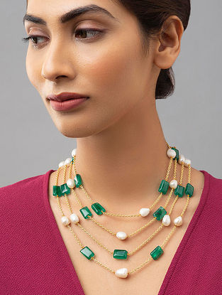 Green White Gold Tone Beaded Layered Necklace With Pearls And Jade
