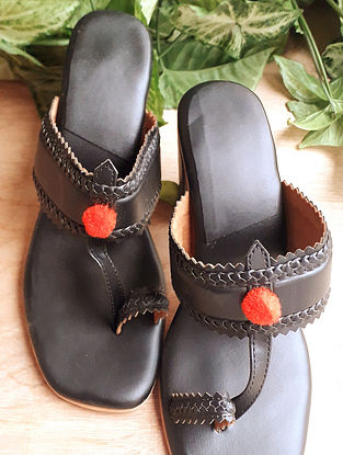Black Handcrafted Vegan Leather Kolhapuri Block Heels