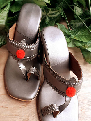 Steel Grey Handcrafted Vegan Leather Kolhapuri Block Heels